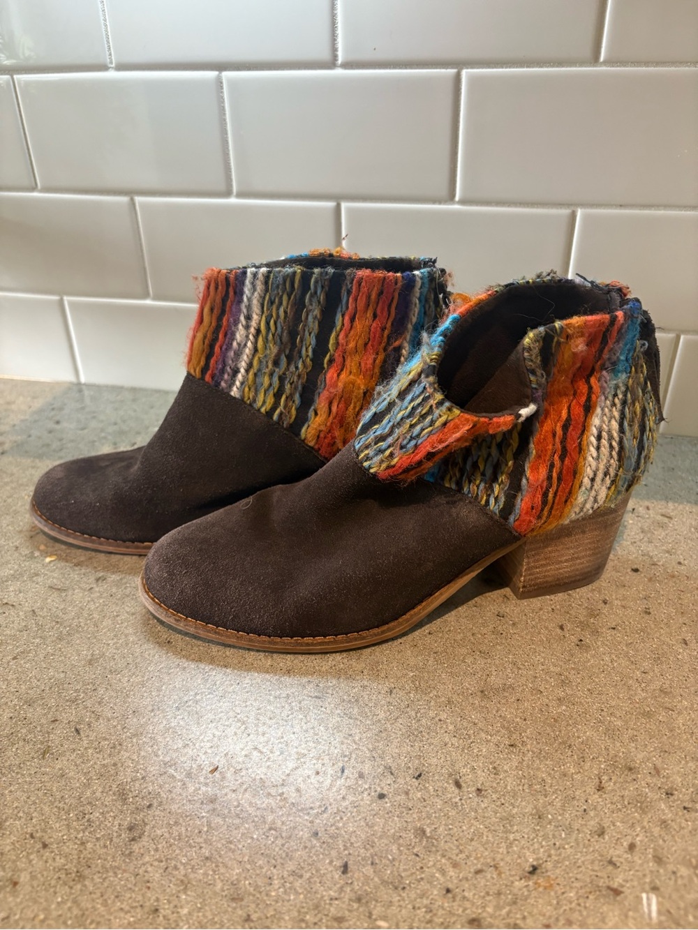 Toms Brown Suede Ankle Boots with Multicolor Knit Cuff